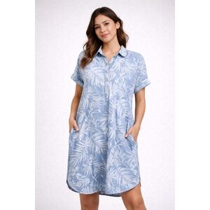 Chicos light weight denim palm tree shirt dress collared button pockets Size 3